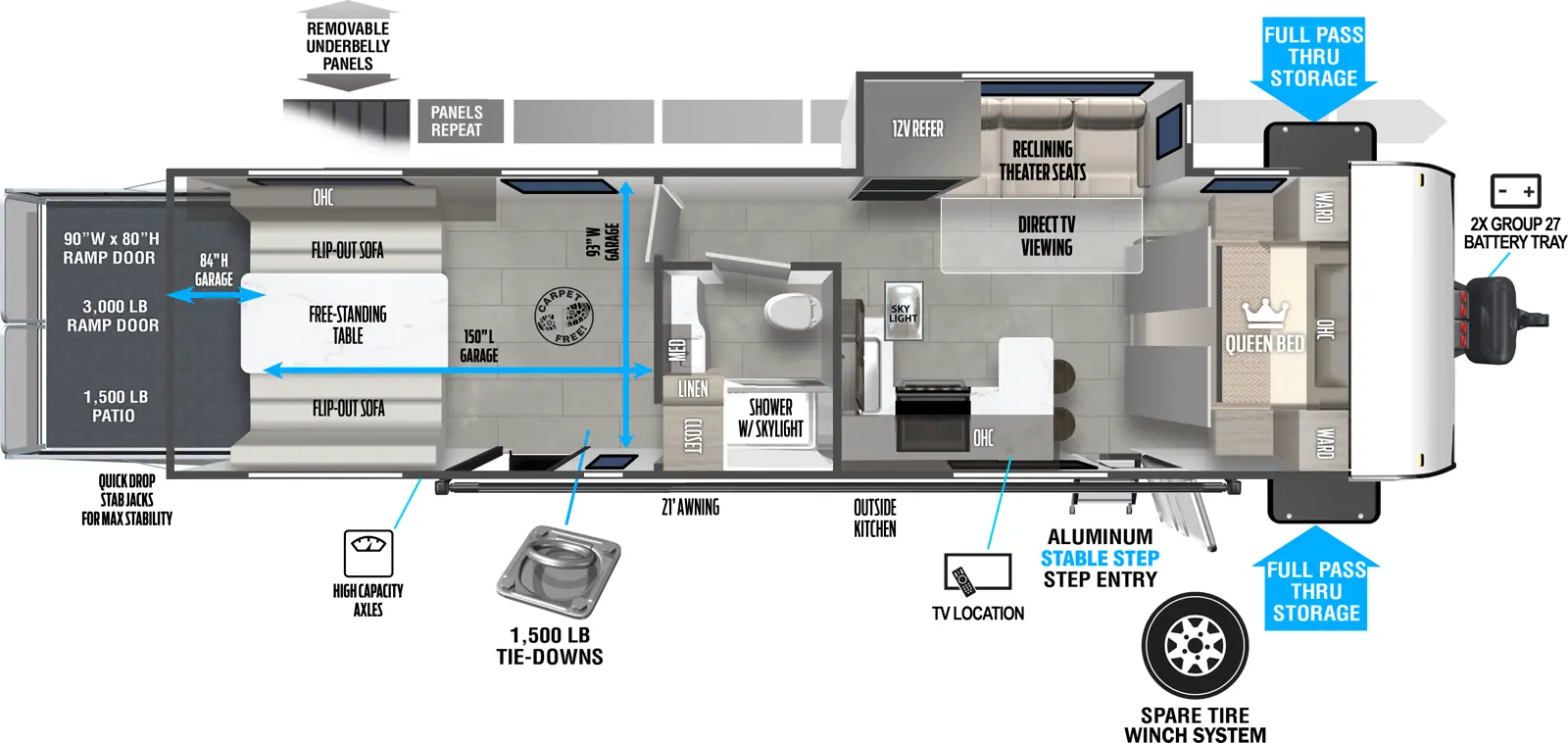 The Salem FSX 290RTK floorplan is a toy hauler that has two entries and one slide out. Exterior features include: metal exterior and outside kitchen. Interiors features include: front bedroom.